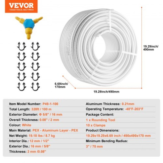 VEVOR Σωλήνας PEX-AL-PEX 328ft, 5/8 Διάμετρος, Σύνθετος Σωλήνας Δαπέδου με Φράγμα Οξυγόνου  LSGBSDDLP1007S1NQV0