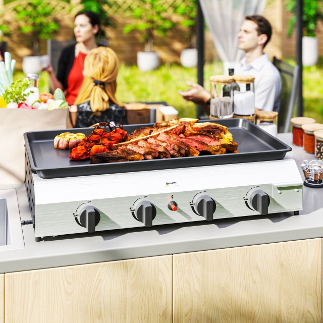 Outsunny Πλάκα Μπάρμπεκιου Αερίου με 4 Καυστήρες 2.4kw και Αντικολλητική Επιφάνεια, 77x44.5x19cm, Ασημί 846-133V52SR