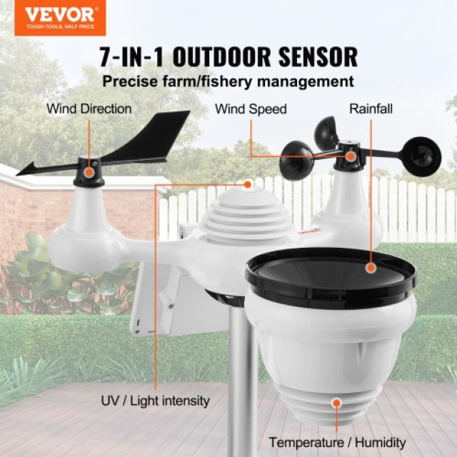 VEVOR 7-σε-1 Wi-Fi Μετεωρολογικός Σταθμός με Ασύρματο Αισθητήρα Εξωτερικού Χώρου  TYN70TFTWIFI71ZZTV2