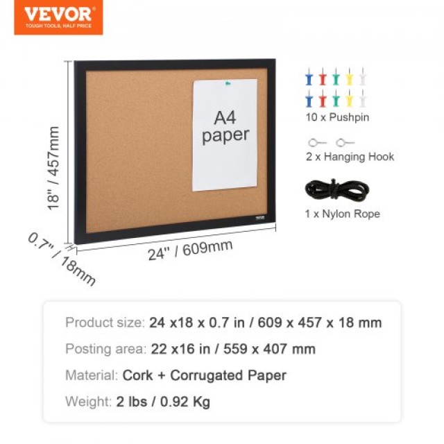 Πίνακας Ανακοινώσεων VEVOR, 24 x 18 ιντσών, Διπλής Όψης με Πλαίσιο MDF, Περιλαμβάνει 10 Καρφίτσες, για Γραφείο, Σπίτι και Σχολείο  GSBYCXGFR2418A30IV0