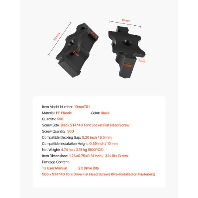 VEVOR Σετ 500 Κρυφών Συνδετήρων για Δάπεδο - Μαύρο YBSJGJ500PCSS4H9...