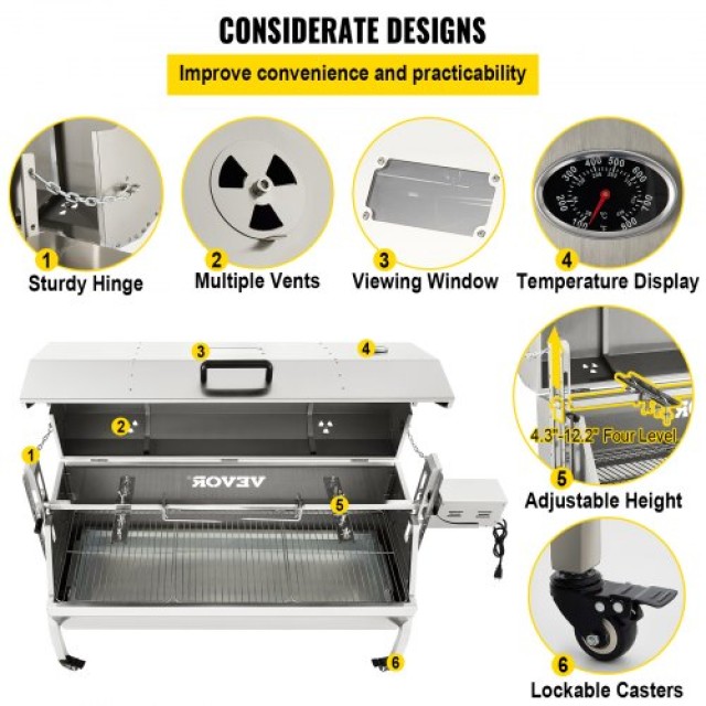 VEVOR  Αρνί Σούβλα, 60kg, Ανοξείδωτο, 40W Μοτέρ, Ρυθμιζόμενο Ύψος, Κλειδωτές Ρόδες, Κάλυμμα, Εξωτερική Ψησταριά.  KYLYCDZ48220V8QO7V2