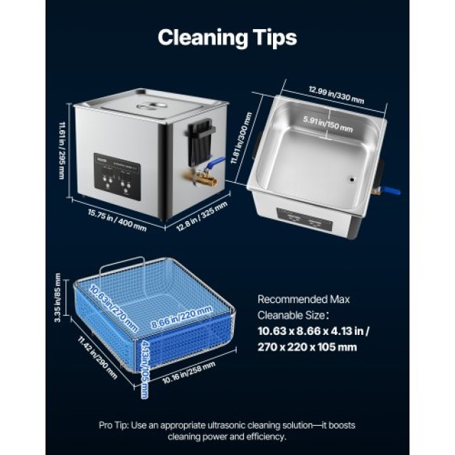 VEVOR Επαγγελματικός Υπερηχητικός Καθαριστής 15L με Καλάθι και Ψηφι...