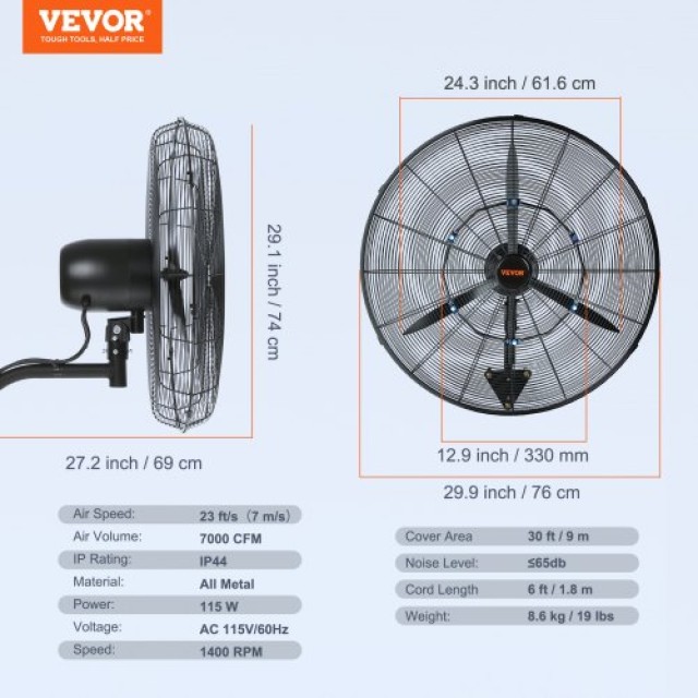 VEVOR 24 Ταλαντευόμενος Τοίχου Ανεμιστήρας Ομίχλης 3 Ταχύτητες 115W...