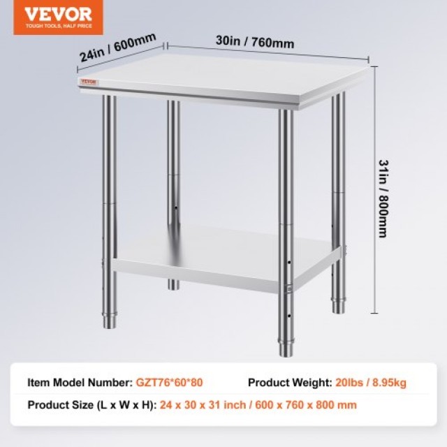 Επαγγελματικός Πάγκος Εργασίας VEVOR 60x76x80cm από Ανοξείδωτο Ατσάλι με Κάτω Ράφι  60X76X80CFGZTTZT1V0