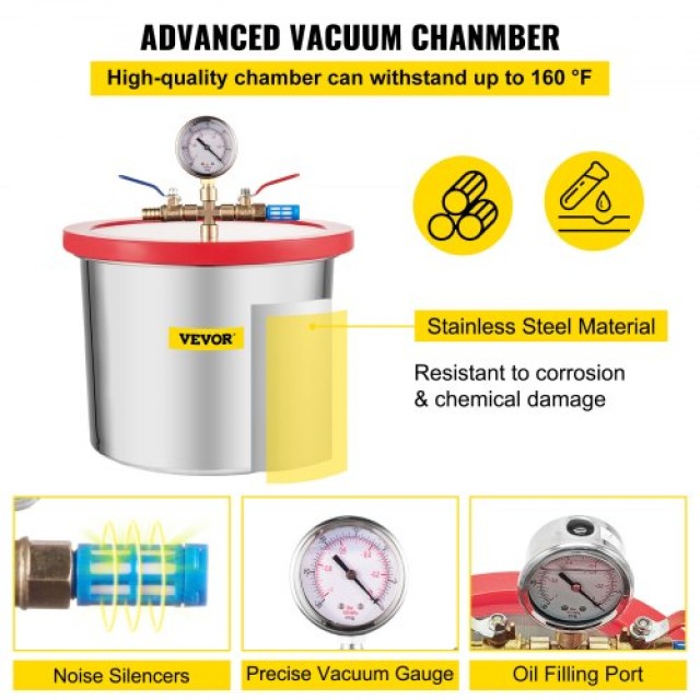 VEVOR Θάλαμος Κενού 2 Γαλόνια με Αντλία 4CFM 1/3HP για Σιλικόνη & Εποξική Ρητίνη  QCKTZKB4CFM1-3J2TV2