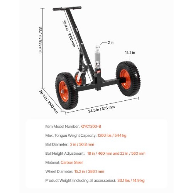 VEVOR Ρυμουλκούμενο Καρότσι 1200lbs, Ρυθμιζόμενο Ύψος 18-22 ιντσών, Μπάλα 2 ιντσών, Ελαστικά 15.2 ιντσών TYSDQYC1200B34ELBV0