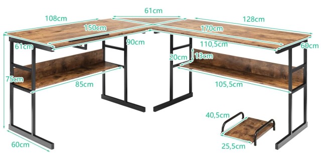 Γραφείο Υπολογιστή Γωνιακό L-Σχήματος 170 x 150 x 75 cm  με Ρυθμιζό...