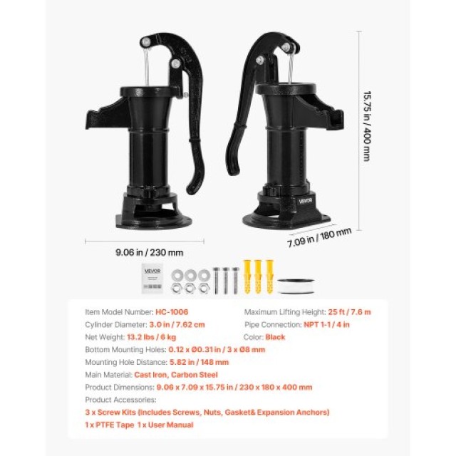 VEVOR Χειροκίνητη Αντλία Νερού Πηγαδιού, Ανυψωτικό Ύψος 25 ft, Αντι... VEVOR Χειροκίνητη Αντλία Νερού Πηγαδιού, Ανυψωτικό Ύψος 25 ft, Αντι...