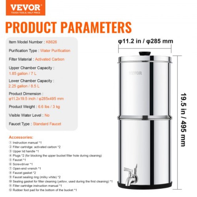 VEVOR  Σύστημα Φίλτρου Νερού Βαρύτητας 2.25G Ανοξείδωτο με 2 Φίλτρα ZLLSQ225GALH3SBU1V0