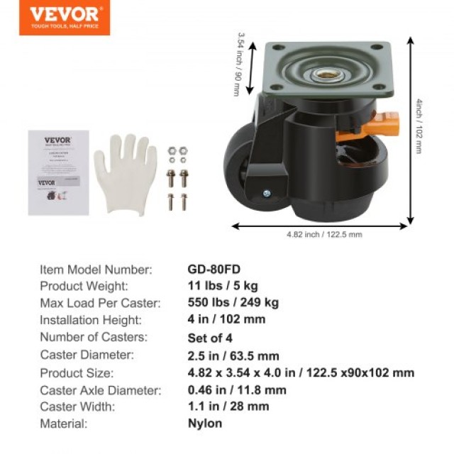 Ρυθμιζόμενοι Τροχοί VEVOR, Σετ 4, 1000 kg, 2.5, Βαρέως Τύπου, 360° Περιστροφή, για Πάγκο Εργασίας/Μηχανήματα  DJJLBSDJPBS4EN0Q3V0