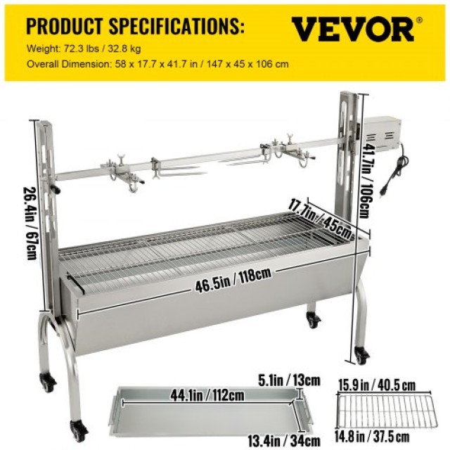 VEVOR Σούβλα Ψησταριάς, 60kg, Ανοξείδωτη για Γουρούνι/Αρνί, με Μοτέρ & Ρυθμιζόμενο Ύψος  KYLYCBD48220VQ027V2