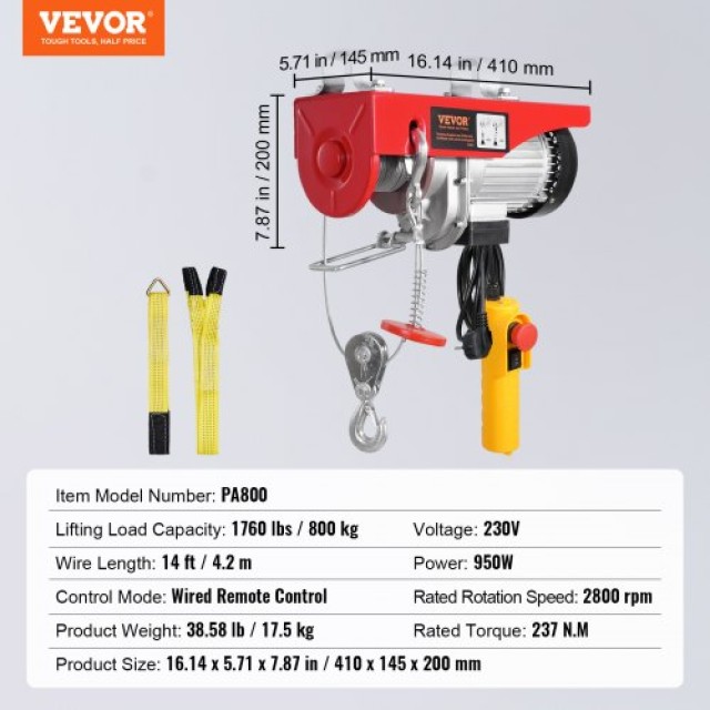 Ηλεκτρικός Γερανός VEVOR 800kg με Ενσύρματο Τηλεχειριστήριο 230V  D...