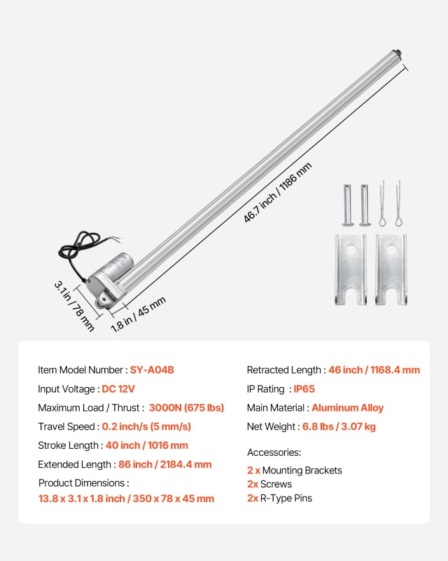VEVOR Γραμμικός Ενεργοποιητής IP65 12V με Διαδρομή 1016mm FHXXXZXQ4...