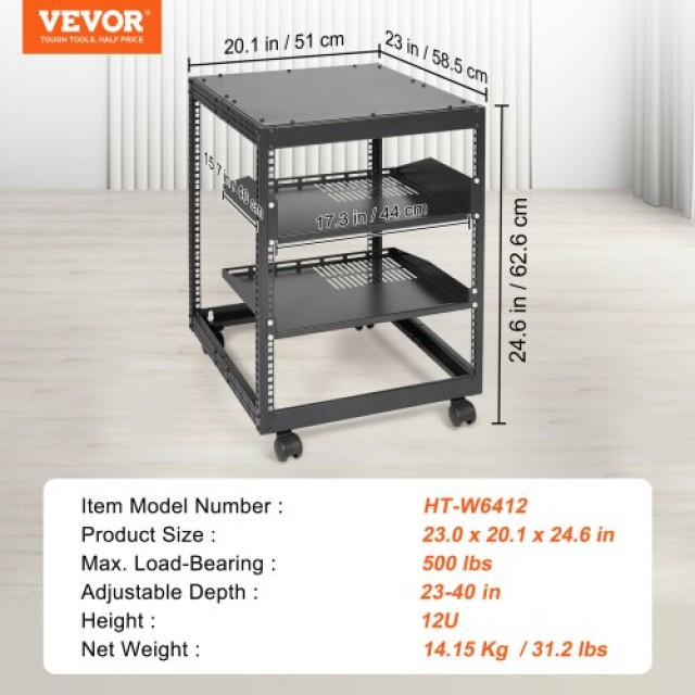 VEVOR 12U Ανοιχτό Rack Σερβερ, Ρυθμιζόμενο Βάθος, Ελεύθερη Στήριξη/Τοίχου, 4 Στύλοι με Ρόδες, Για Δικτυακό Εξοπλισμό  KFSJJH12U2340SDYTV0