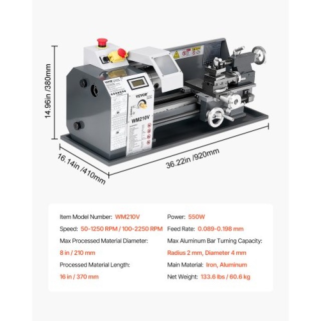 VEVOR Τόρνος Μετάλλου 8x16 550W Επιτραπέζιος Μεταβλητή Ταχύτητα GPZJSCC816IN072CJV2