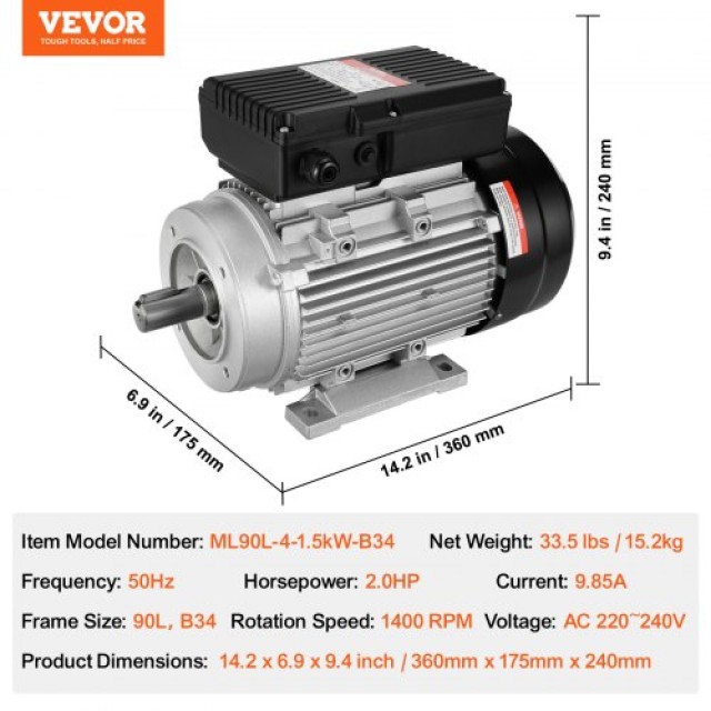 VEVOR 1.5KW Ηλεκτρικός Κινητήρας 1400RPM 220~240V 1-Φάση  TYJLIECDJ172OHF8MV7