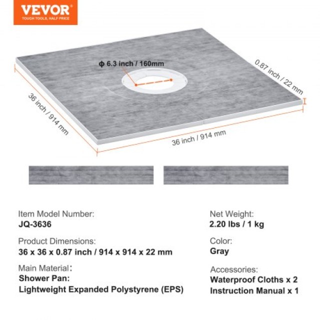 Σετ Ντουζιέρας VEVOR, 914x914mm με Κεντρική Αποχέτευση 160mm, Ελαφρύ EPS, 2 Αδιάβροχα Υφάσματα, Κλίση για Μπάνιο  LYAZDB3636YCVU1CGV0