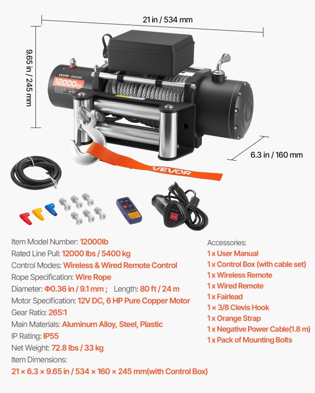 VEVOR Ηλεκτρικός Βίντσι 5400 kg με Ατσάλινο Σχοινί 9.1 mm x 24 m, 1...