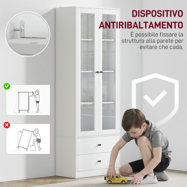 HOMCOM Λευκή Κουζίνα Κρεντένζα 59x30x164 cm με Γυάλινες Πόρτες 838-...