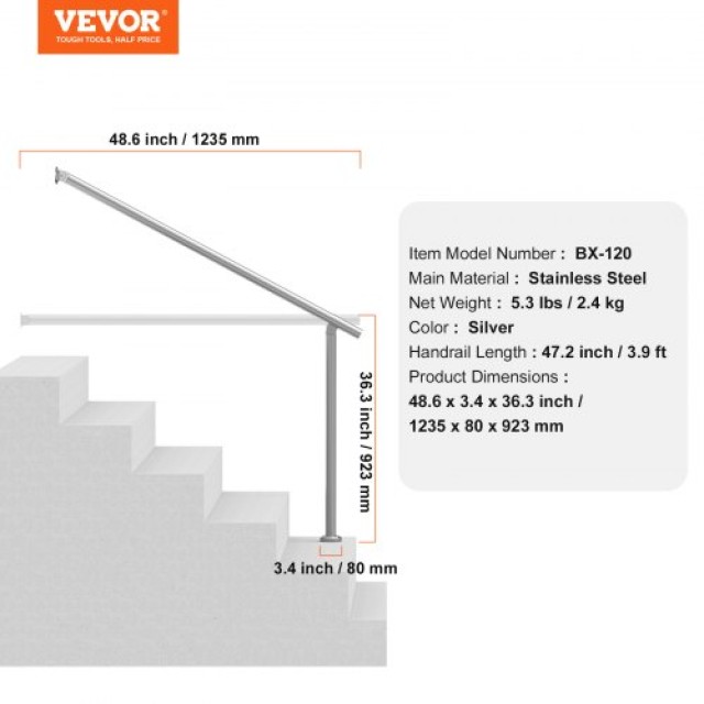 VEVOR  Κουπαστές Ανοξείδωτες 120cm για Εξωτερικά Σκαλοπάτια 47.3in BXGDLZFS120CR5F2IV0