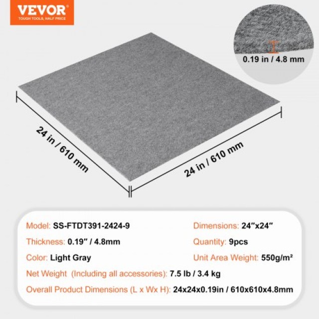 VEVOR Αυτοκόλλητα Πλακάκια Χαλιού 24x24, 9 Τεμάχια, Ανοιχτό Γκρι  ZZFKDT2424YCAK994V0