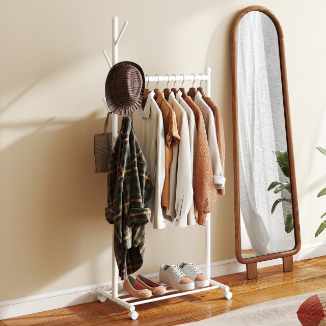 HOMCOM Σταντ Κρεμάστρα Δαπέδου με Ρόδες, 5 Άγκιστρα και Κάτω Ράφι γ...