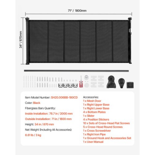 VEVOR Πτυσσόμενη Παιδική Πύλη 870mm Ύψος 1800mm Πλάτος Μαύρη WZSSMHS71INC4MESX001V0
