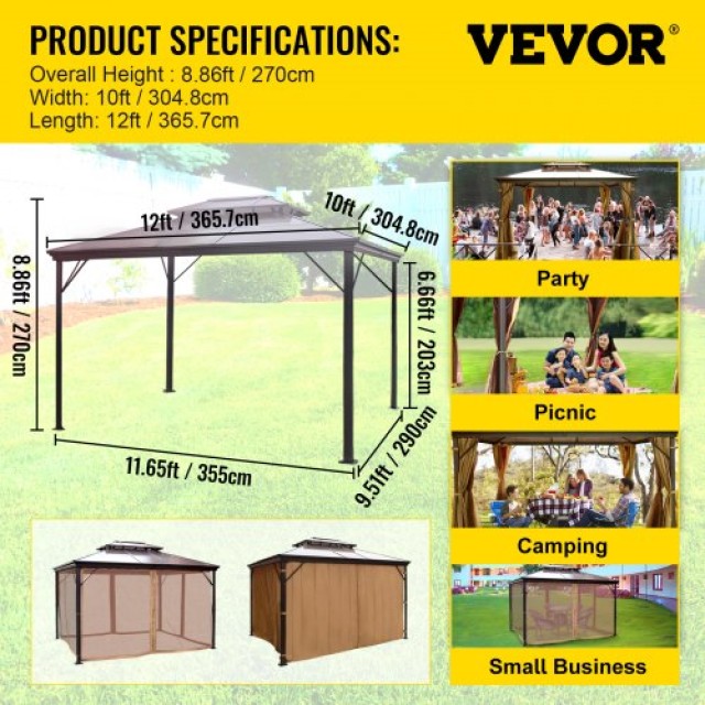 Πέργκολα Κήπου VEVOR 10x12ft με Σκληρή Οροφή και Κουνουπιέρα Καφέ  SDZYPLHJ3X3.6MZH1V0