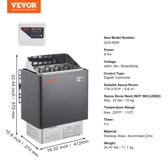 VEVOR  Ηλεκτρική Σόμπα Σάουνας 6KW με Ψηφιακό Έλεγχο για 5-9 m3 Σπα Σπιτιού  DSSNLWKLXB6KWNG5KV8