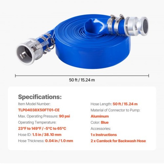 VEVOR  Μπλε Σωλήνας Αντίστροφης Ροής 1.5 x 50 με Εξαρτήματα  BGTJPSRG15INOJWRZV0