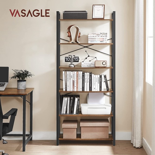 VASAGLE Βιβλιοθήκη 6 επιπέδων , ρουστίκ καφέ και μαύρο, 80 x 30 x 186 cm, LLS082B01 
