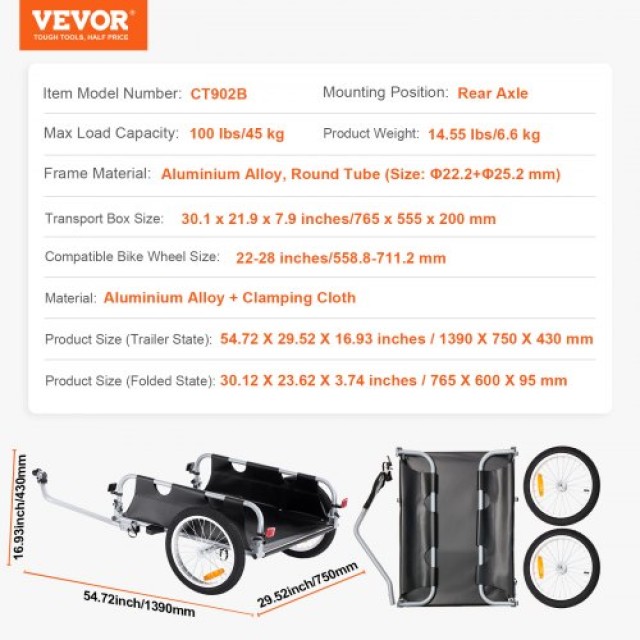 VEVOR Τρέιλερ Ποδηλάτου, 45kg Φορτίο, Αναδιπλούμενο, 16 Τροχοί, Αντ...