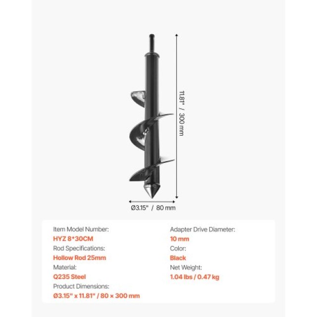 VEVOR Σπειροειδής Τρυπάνι για Φυτεύσεις 8x29 cm LXZZT1G80MM3OK4N5001V0