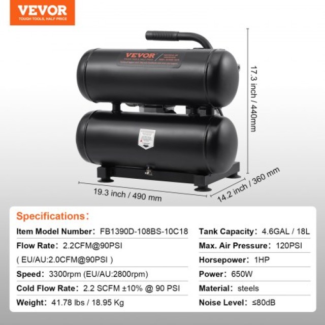 Φορητός Αεροσυμπιεστής VEVOR 4.6 Γαλόνια 90 PSI χωρίς Λάδι  WYWSKYJ18L75W70W9V2
