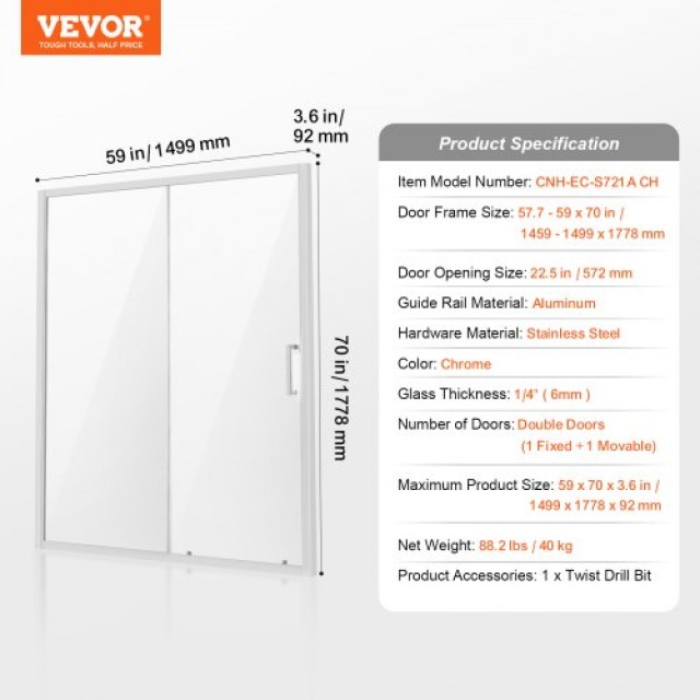 VEVOR  Ημι-πλαισιωτή Πόρτα Ντουζ 57.7-59x70 Σκληρυμένο Γυαλί 1/4 Χρώμιο  DBKSYMTLYSM6LNGAYV0