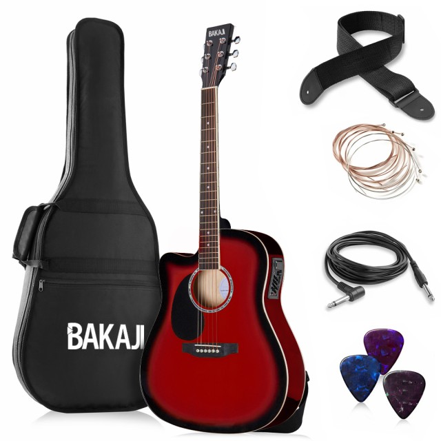 BAKAJI Ηλεκτροακουστική Κιθάρα Slim 41 Redburst με Σετ Χορδών, Πένν...