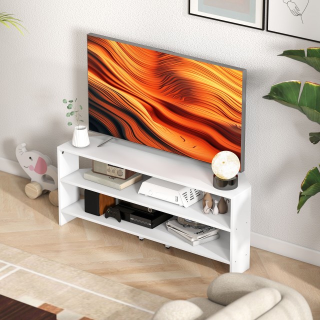 HOMCOM Γωνιακή Βάση Τηλεόρασης 110x36x45 cm με 2 Ανοιχτά Ράφια, Λευ...