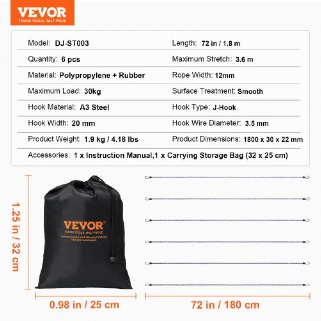 VEVOR 6 Τεμ Ιμάντες Bungee με Γάντζους A3 Χάλυβα 72 12mm DLKZDYXDGDGGU5P3EV0