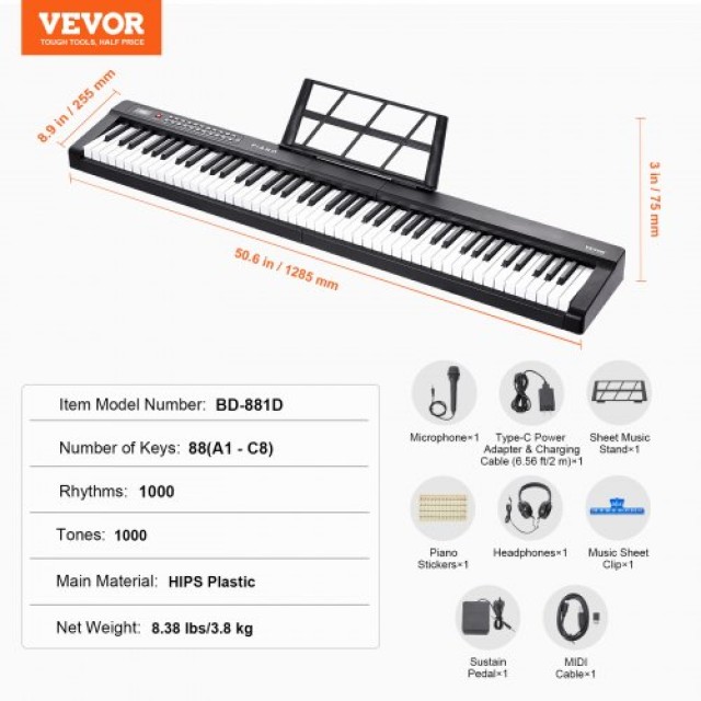 VEVOR  88 Πλήκτρα Ψηφιακό Πιάνο Ημι-Βαρυκεντρισμένο Φορητό Ηλεκτρικό Πλήρους Μεγέθους 88JBPZSMGQ88WU1LTV2
