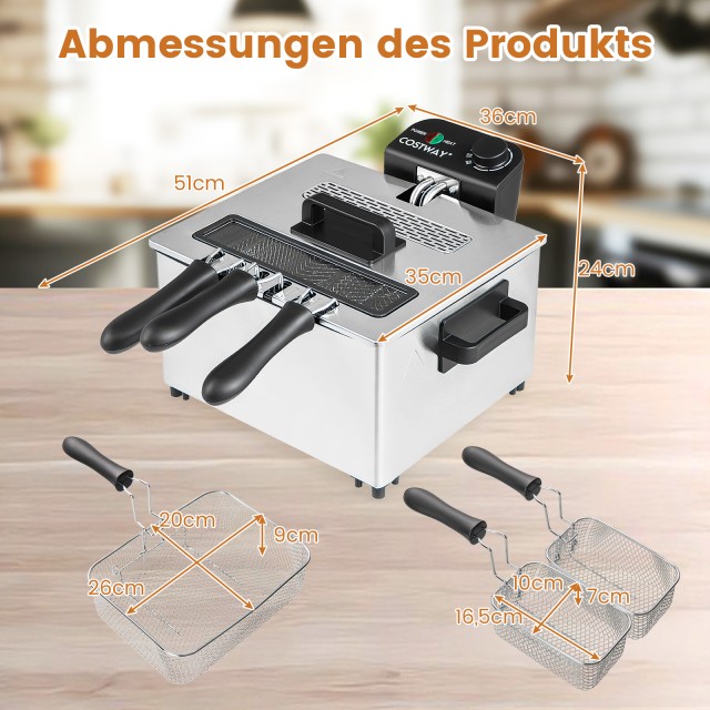 Costway  2000W Ηλεκτρική Φριτέζα Λαδιού με 3 Καλάθια, Ρυθμιζόμενη Θ...