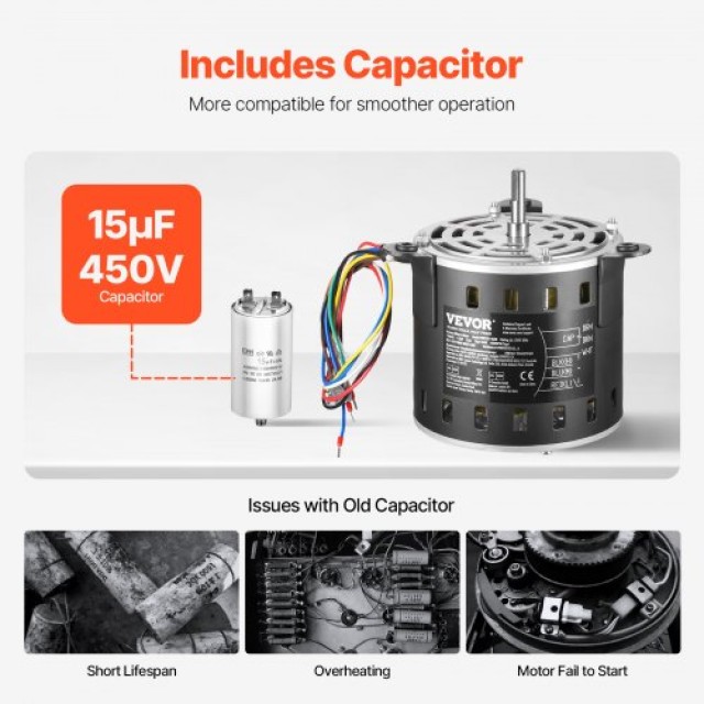 VEVOR Μοτέρ Φυσητήρα Καλοριφέρ 1/2HP 220V 2.6A 1300RPM 3 Ταχύτητες 15μF/450V Πυκνωτής MSFGJDJ12HP3AY63CV7