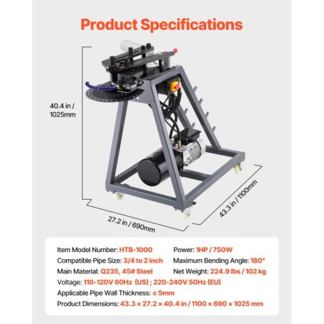 VEVOR Ηλεκτρική Μηχανή Κάμψης Σωλήνων 750W με Υδραυλικό Κύλινδρο 6L DDWGJ342INCHL90N3V2