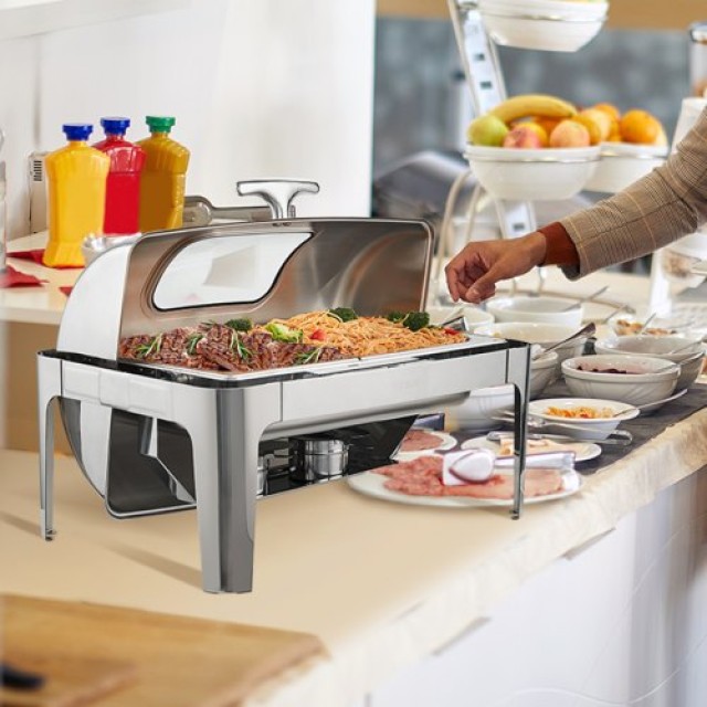 VEVOR Ορθογώνιο Roll Top Chafing Dish με 9Qt Γυάλινο Καπάκι & Θήκη ...