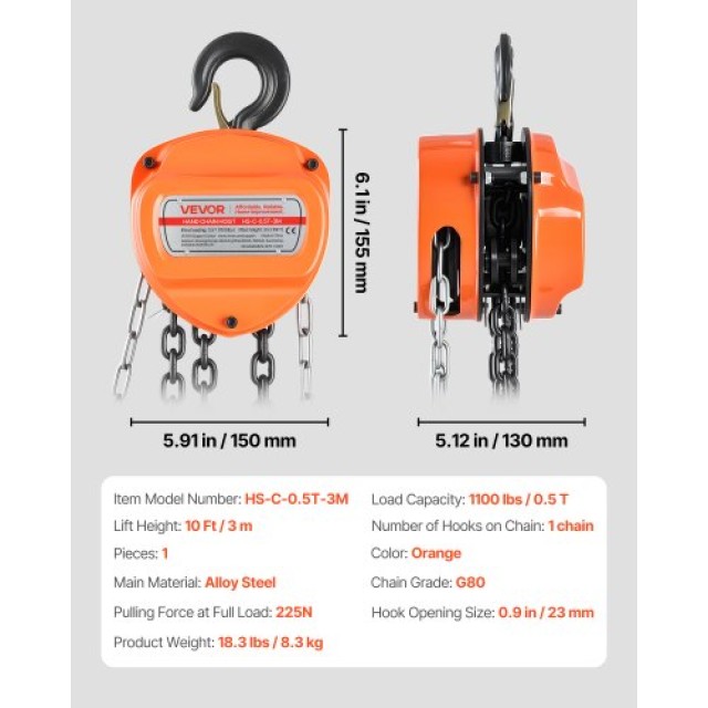 VEVOR Χειροκίνητος Ανυψωτήρας 1/2 Τόνου με Γαλβανισμένη Αλυσίδα G80... VEVOR Χειροκίνητος Ανυψωτήρας 1/2 Τόνου με Γαλβανισμένη Αλυσίδα G80...