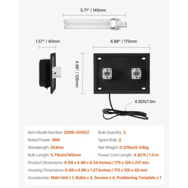 VEVOR Σύστημα Καθαρισμού Αέρα HVAC με Λάμπα UV 18W 7 ιντσών για Ολόκληρο το Σπίτι, Εγκατεστημένο στους Αγωγούς Κλιματισμού. UVCGKGDJHQ21LAXD1V2