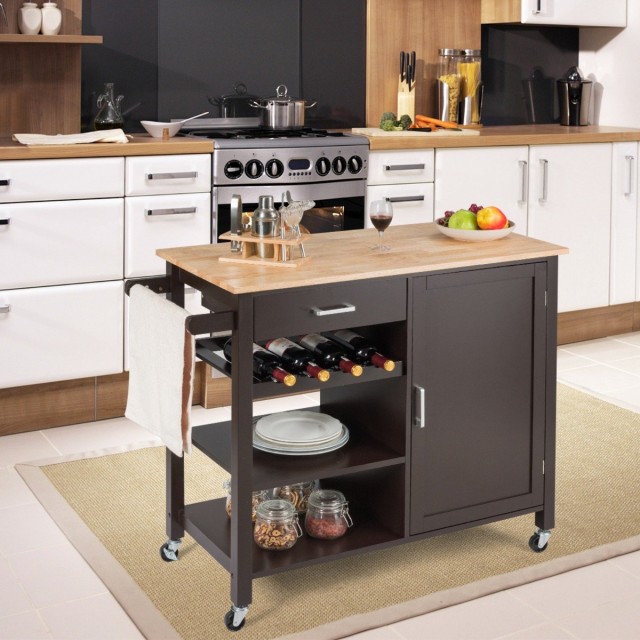 Costway Κινητό Καρότσι Κουζίνας με Συρτάρι 100 x 48 x 90 cm Καφέ HW66112BN