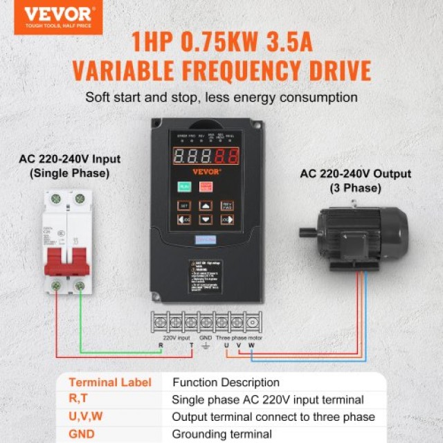 VEVOR VFD 1HP 0.75KW 3.5A 220V Είσοδος 1/3 Φάσεων, Έξοδος 3 Φάσεων ...