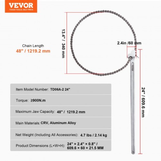 VEVOR  Αλυσίδα Κλειδί 48 Διάμετρος 13.4 Αντιστρεπτό GQBSLT48INCHG4URHV0