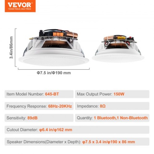 Σετ 2 Ηχείων Οροφής Bluetooth 6.5 150W VEVOR  DPXDYSQ65YCLOVPZAV2